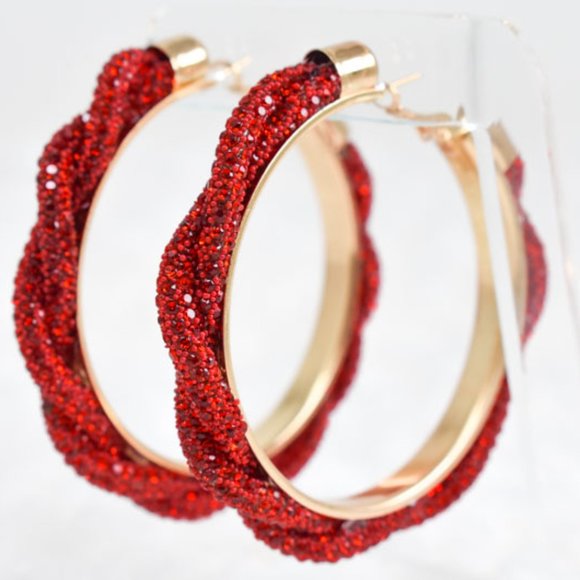 3" Boho Braid Twist Red Rhinestone Hoop Earrings - Picture 13 of 13